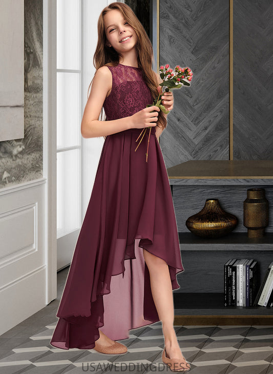 Myah A-Line Scoop Neck Asymmetrical Chiffon Lace Junior Bridesmaid Dress With Bow(s) DSP0013312