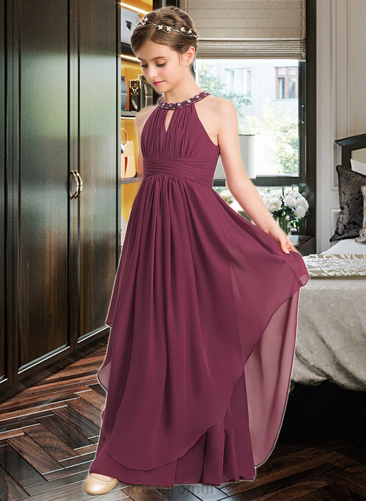 Gwendolyn A-Line Scoop Neck Floor-Length Chiffon Junior Bridesmaid Dress With Ruffle Beading SRSP0013313