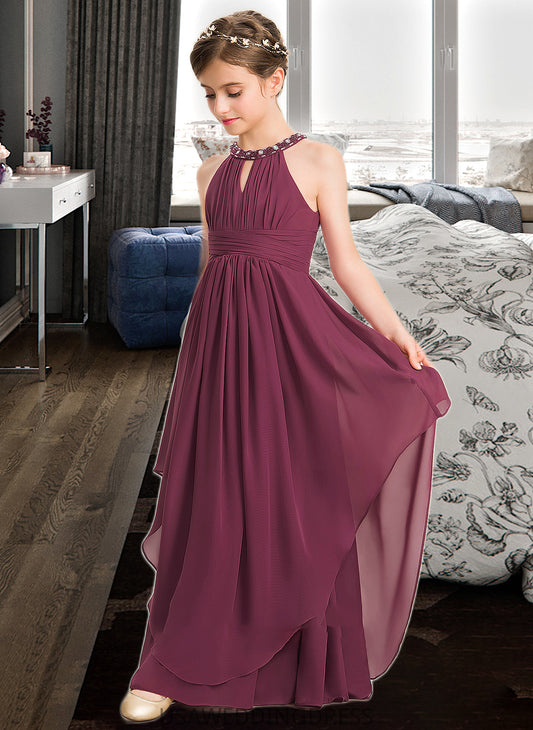 Tamia A-Line Scoop Neck Floor-Length Chiffon Junior Bridesmaid Dress With Ruffle Beading DSP0013313