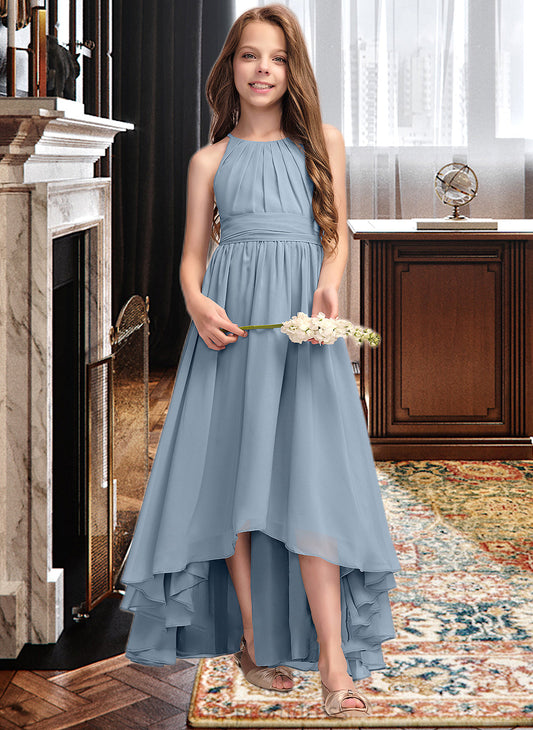 Athena A-Line Scoop Neck Asymmetrical Chiffon Junior Bridesmaid Dress With Ruffle Bow(s) SRSP0013314