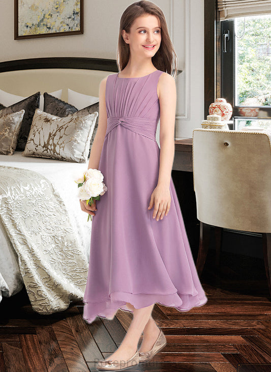 Michaela A-Line Scoop Neck Tea-Length Chiffon Junior Bridesmaid Dress With Ruffle SRSP0013317