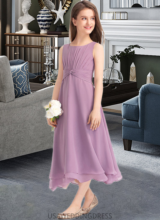 Annabella A-Line Scoop Neck Tea-Length Chiffon Junior Bridesmaid Dress With Ruffle DSP0013317