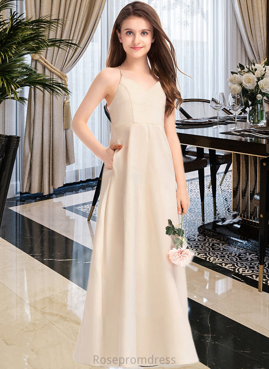 Elisa A-Line V-neck Floor-Length Satin Junior Bridesmaid Dress With Pockets SRSP0013319