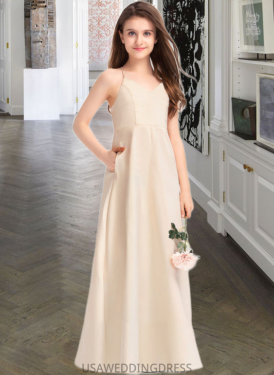 Jaylee A-Line V-neck Floor-Length Satin Junior Bridesmaid Dress With Pockets DSP0013319