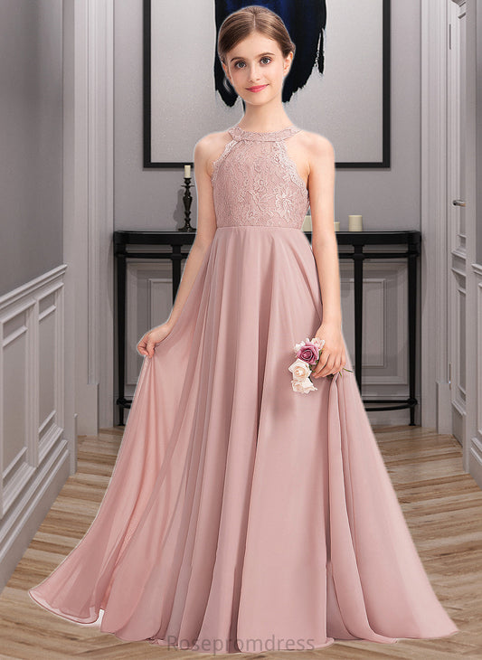 Janiah A-Line Scoop Neck Floor-Length Chiffon Lace Junior Bridesmaid Dress SRSP0013324