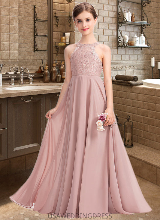 Christine A-Line Scoop Neck Floor-Length Chiffon Lace Junior Bridesmaid Dress DSP0013324