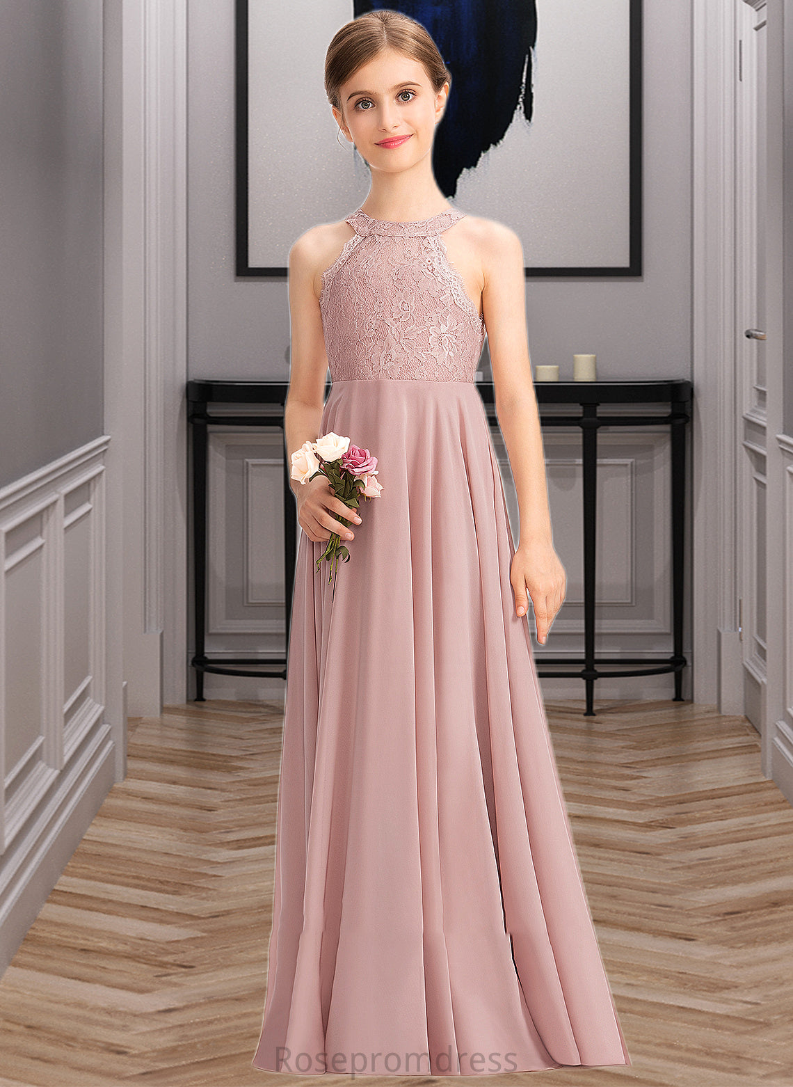 Janiah A-Line Scoop Neck Floor-Length Chiffon Lace Junior Bridesmaid Dress SRSP0013324