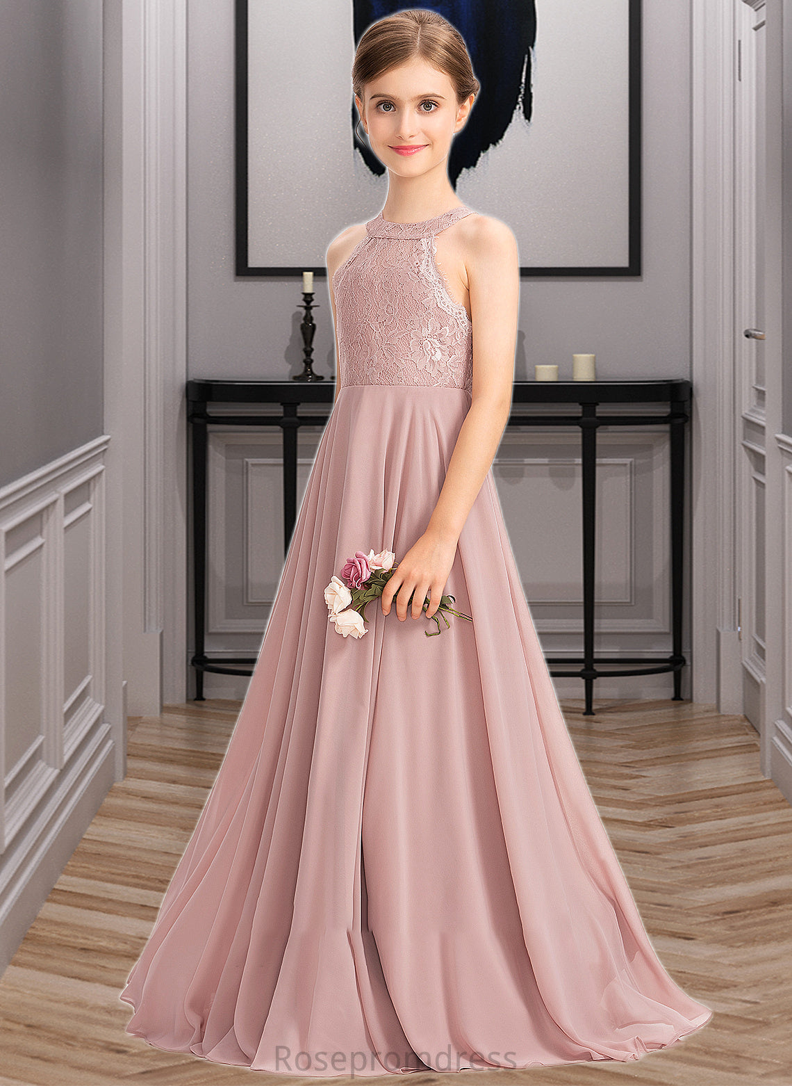 Janiah A-Line Scoop Neck Floor-Length Chiffon Lace Junior Bridesmaid Dress SRSP0013324