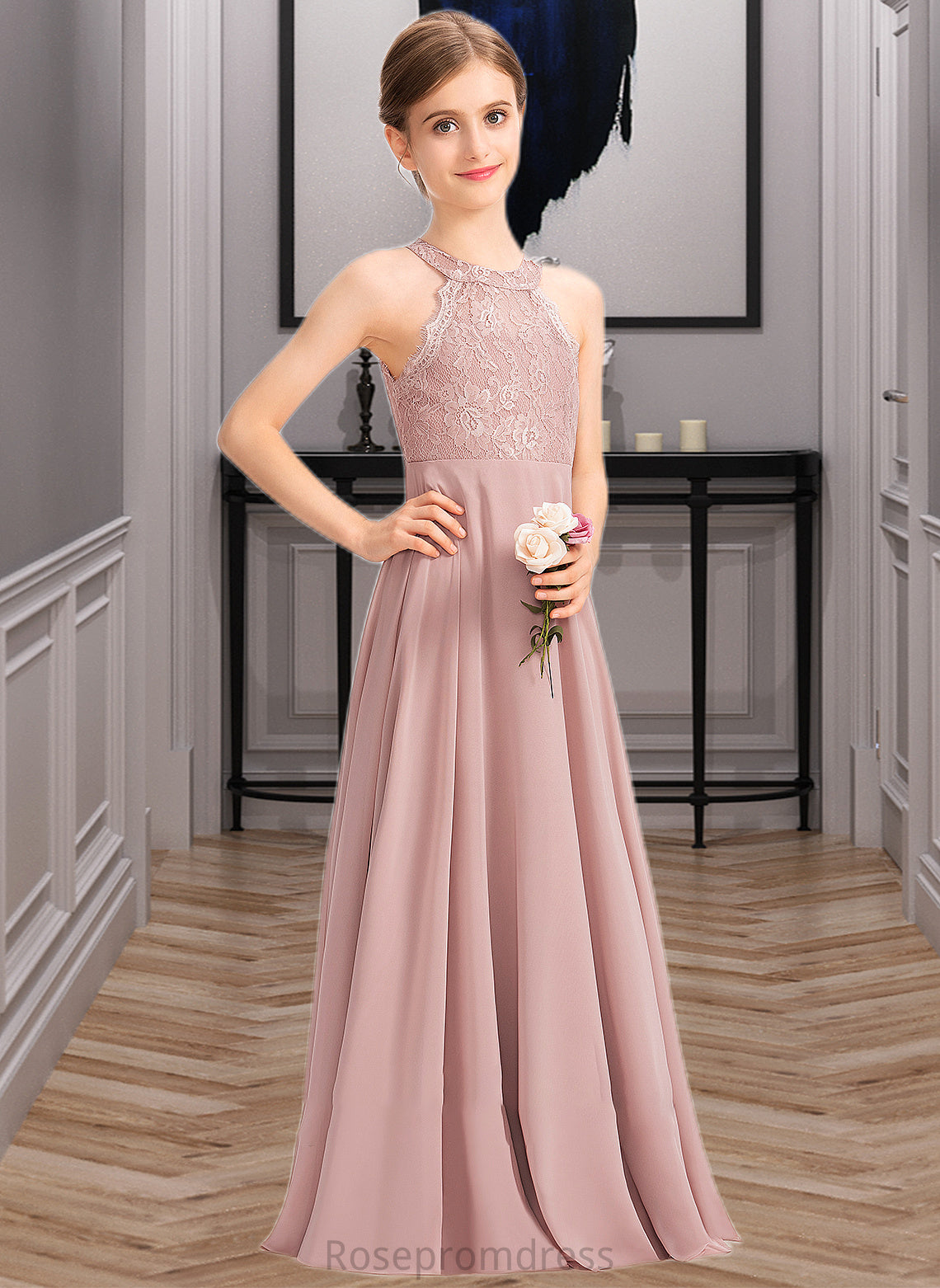 Janiah A-Line Scoop Neck Floor-Length Chiffon Lace Junior Bridesmaid Dress SRSP0013324