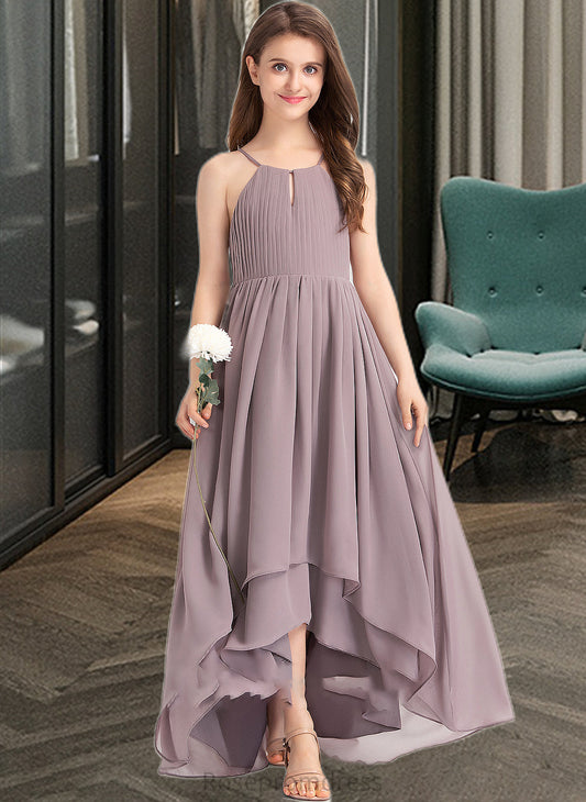 Evie A-Line Scoop Neck Asymmetrical Chiffon Junior Bridesmaid Dress With Ruffle Bow(s) SRSP0013326