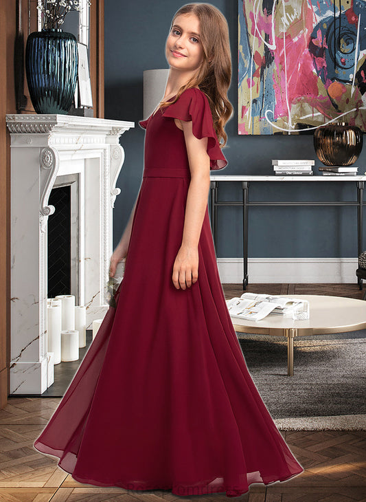 Hope A-Line V-neck Floor-Length Chiffon Junior Bridesmaid Dress With Cascading Ruffles SRSP0013327