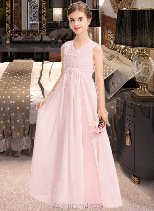 Leila A-Line V-neck Floor-Length Chiffon Junior Bridesmaid Dress With Ruffle SRSP0013328