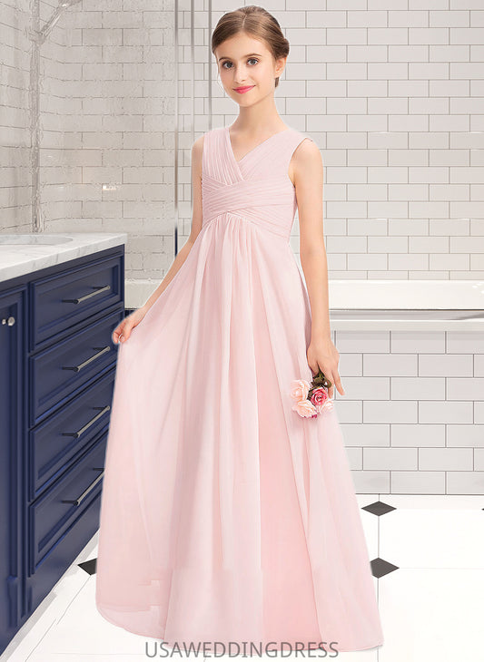 Helena A-Line V-neck Floor-Length Chiffon Junior Bridesmaid Dress With Ruffle DSP0013328