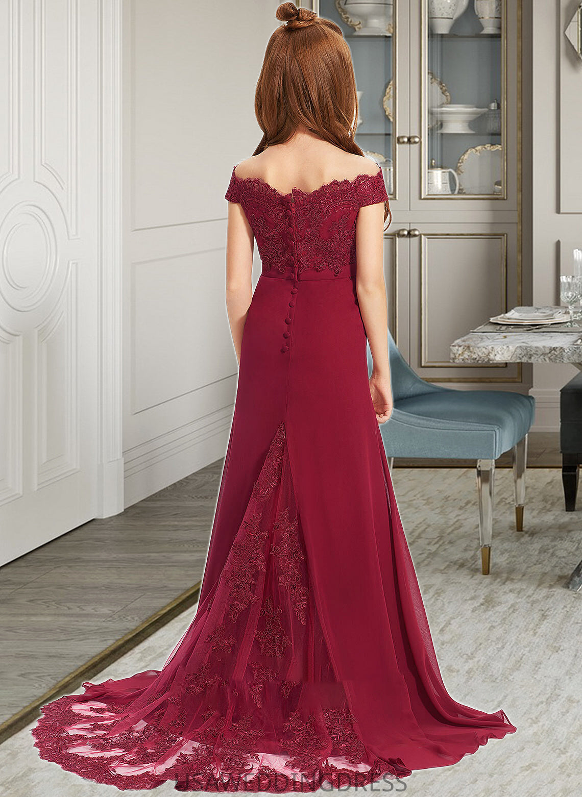 Natasha Trumpet/Mermaid Off-the-Shoulder Court Train Chiffon Lace Junior Bridesmaid Dress DSP0013330