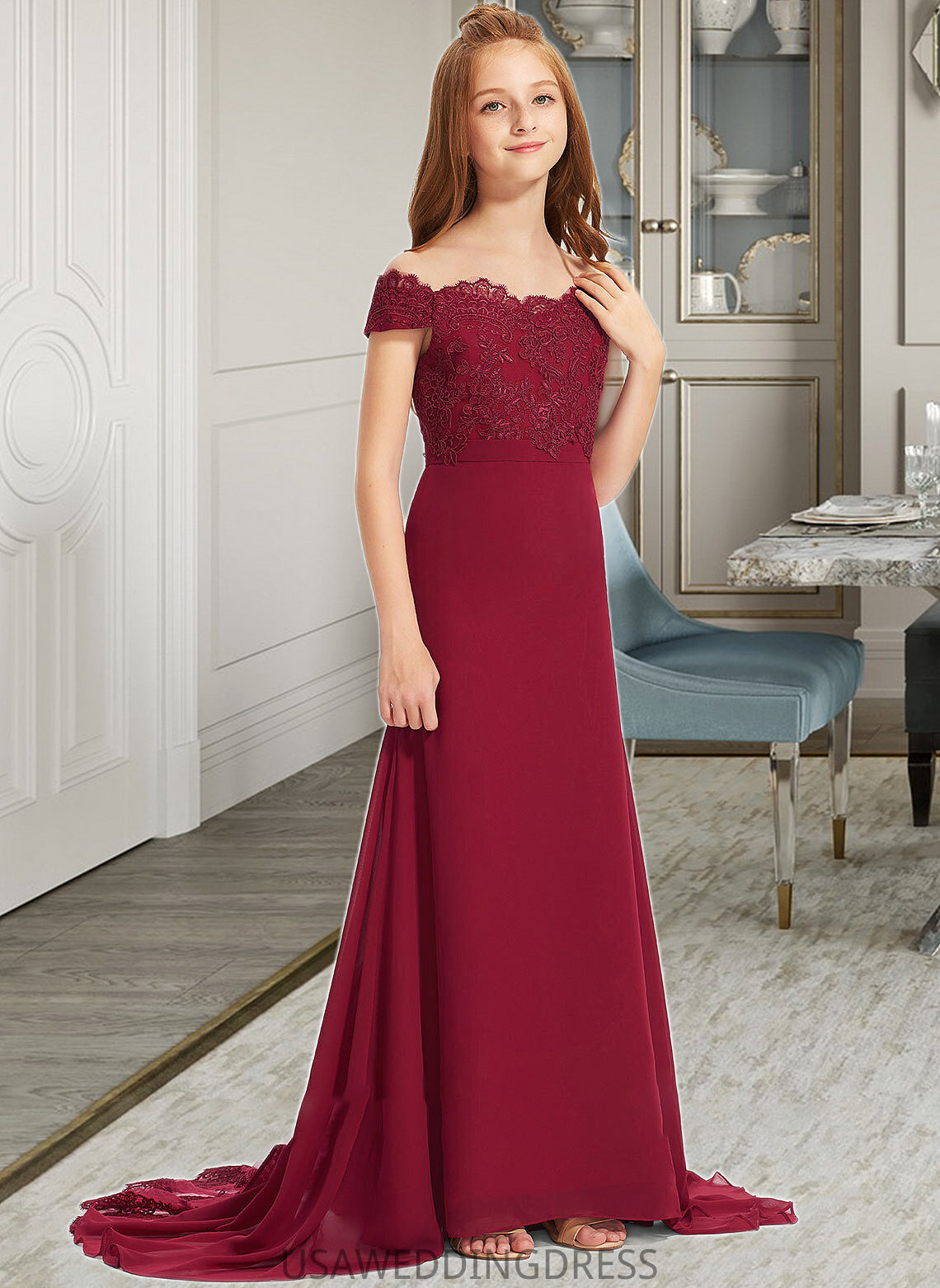 Natasha Trumpet/Mermaid Off-the-Shoulder Court Train Chiffon Lace Junior Bridesmaid Dress DSP0013330