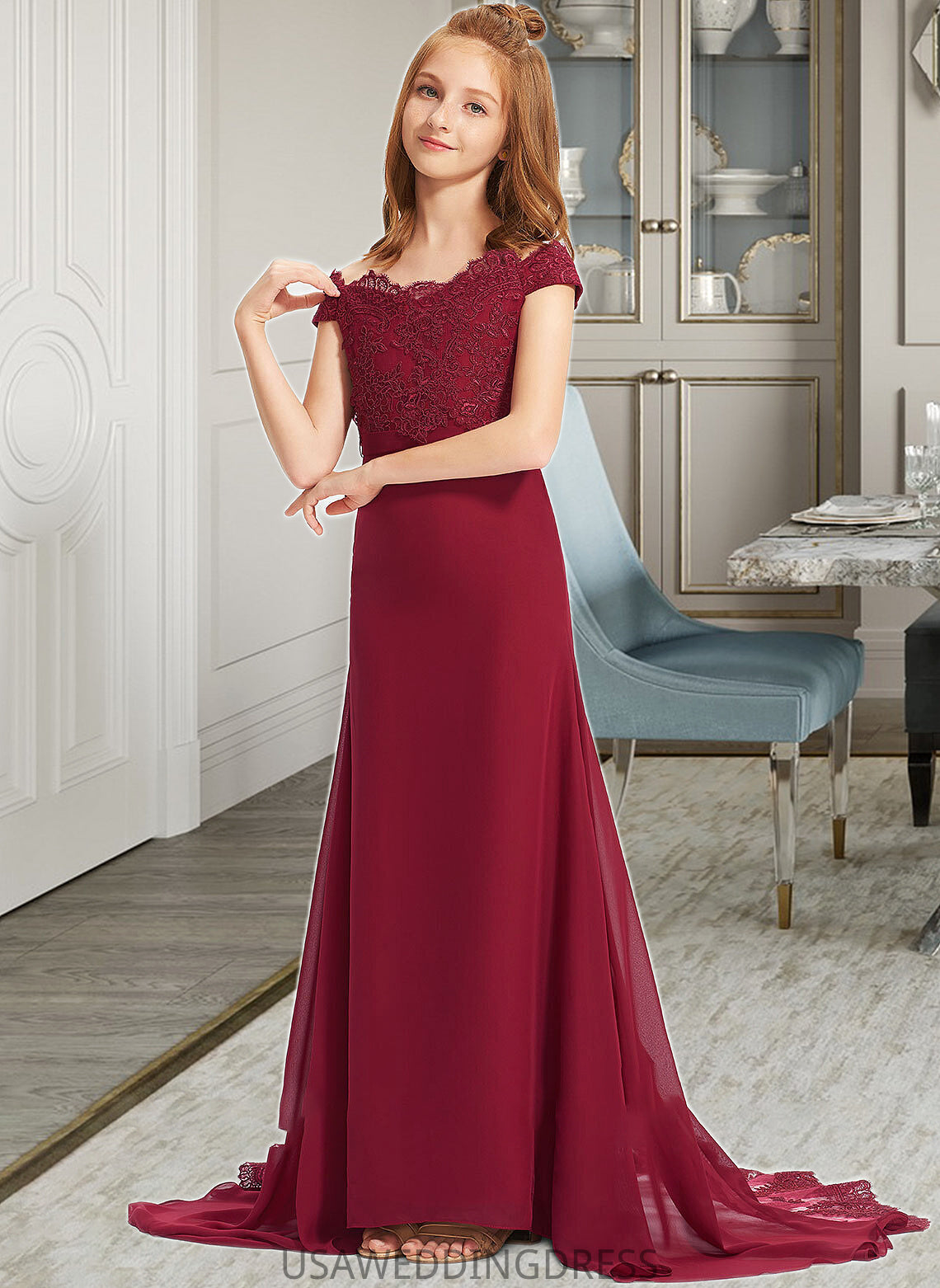 Natasha Trumpet/Mermaid Off-the-Shoulder Court Train Chiffon Lace Junior Bridesmaid Dress DSP0013330