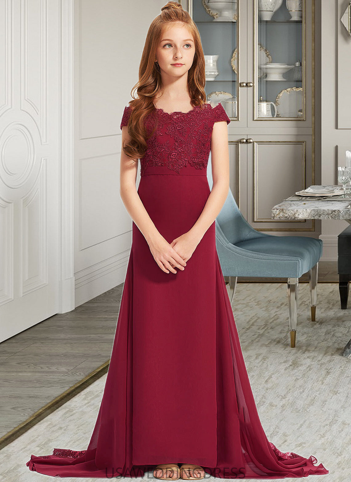 Natasha Trumpet/Mermaid Off-the-Shoulder Court Train Chiffon Lace Junior Bridesmaid Dress DSP0013330