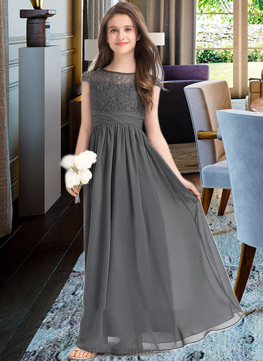 Libby A-Line Scoop Neck Floor-Length Chiffon Lace Junior Bridesmaid Dress With Ruffle SRSP0013331