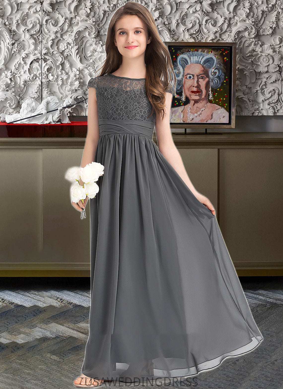 Persis A-Line Scoop Neck Floor-Length Chiffon Lace Junior Bridesmaid Dress With Ruffle DSP0013331