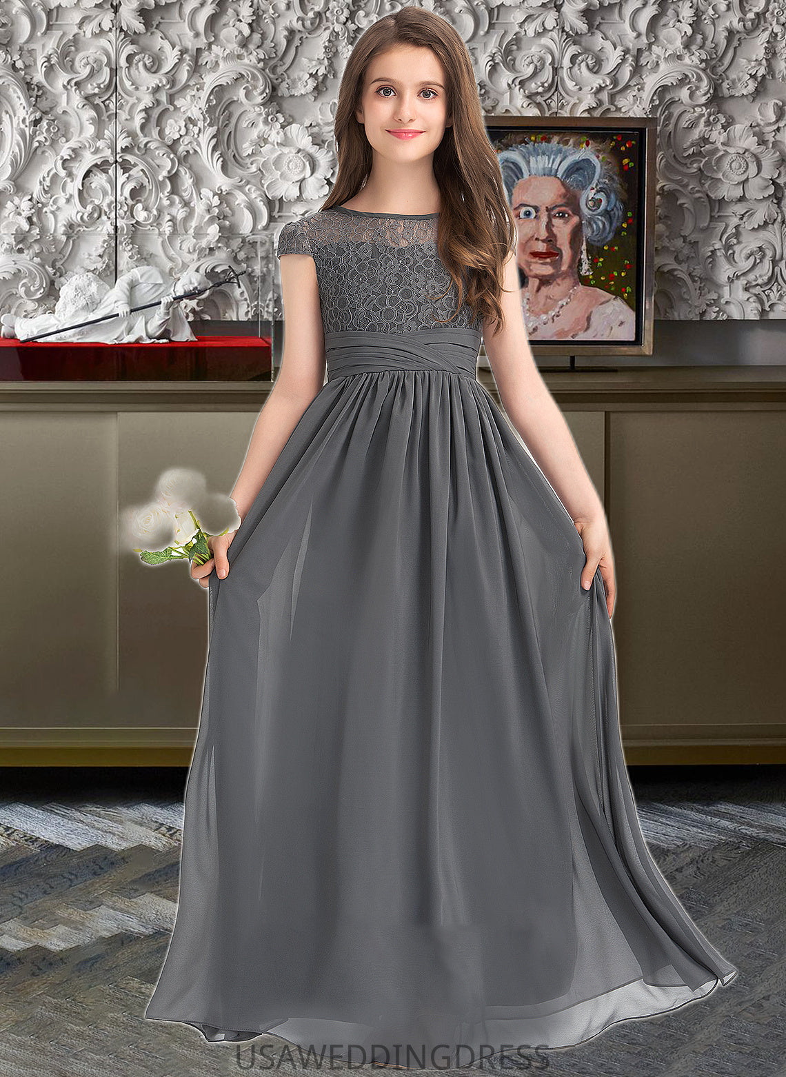 Persis A-Line Scoop Neck Floor-Length Chiffon Lace Junior Bridesmaid Dress With Ruffle DSP0013331