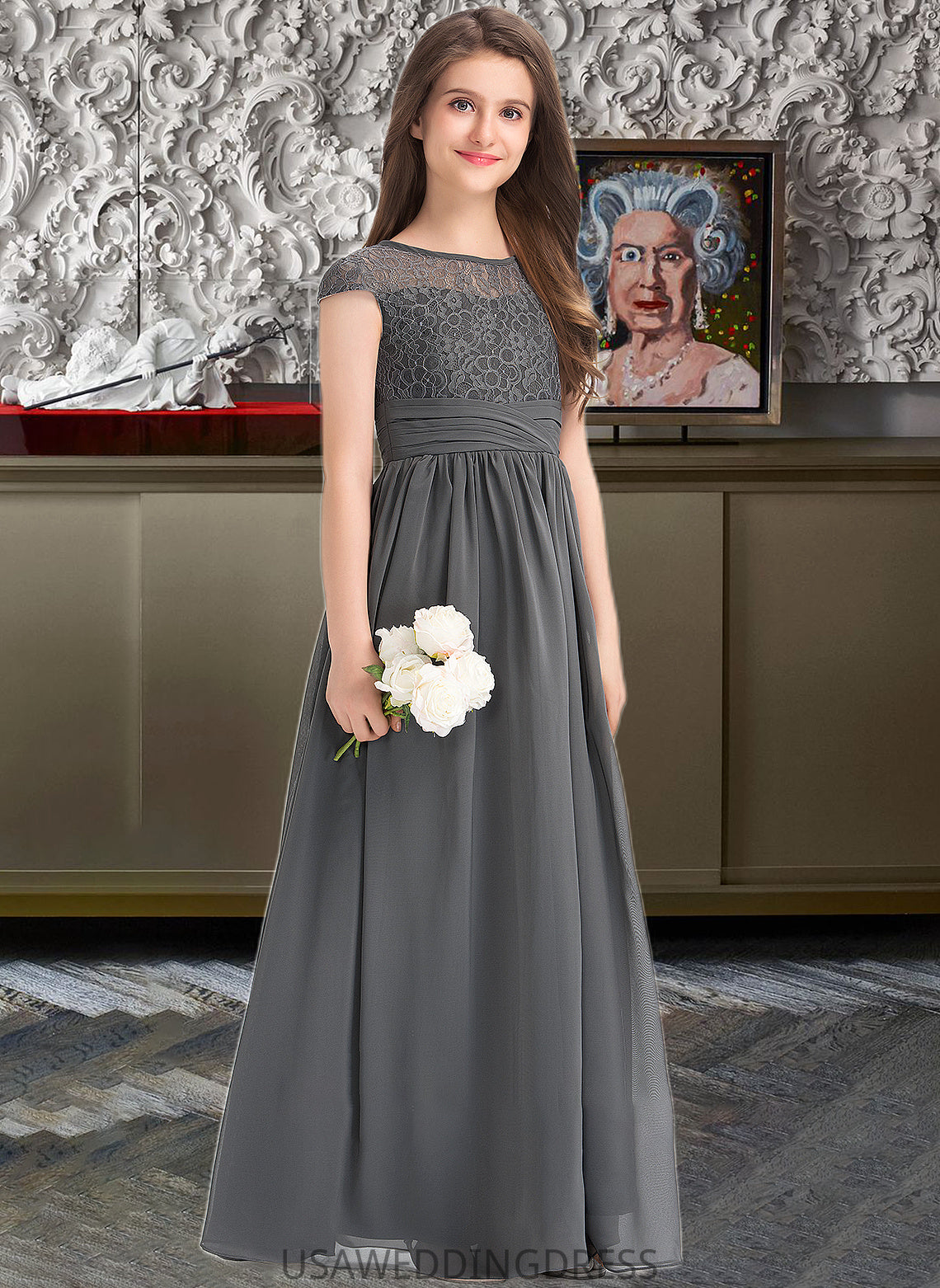 Persis A-Line Scoop Neck Floor-Length Chiffon Lace Junior Bridesmaid Dress With Ruffle DSP0013331