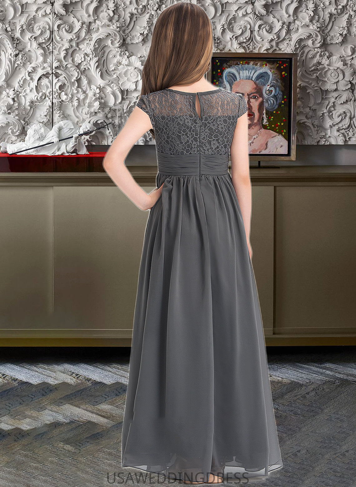 Persis A-Line Scoop Neck Floor-Length Chiffon Lace Junior Bridesmaid Dress With Ruffle DSP0013331