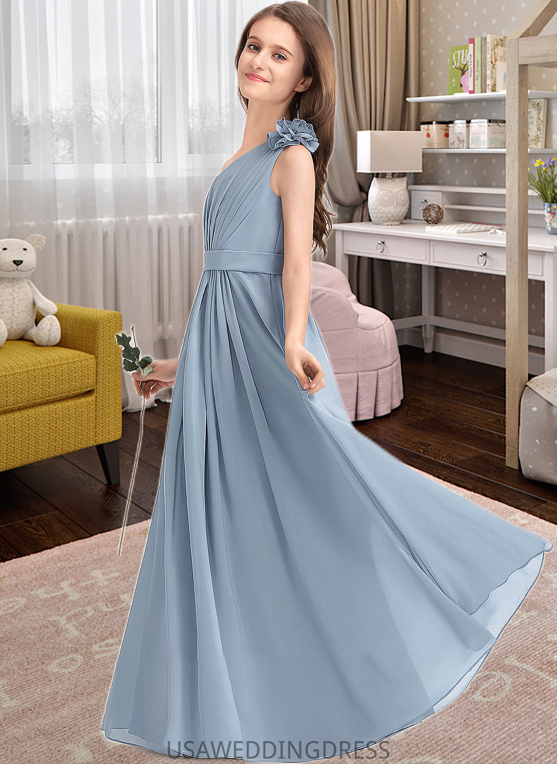 Harley A-Line One-Shoulder Floor-Length Chiffon Junior Bridesmaid Dress With Ruffle Flower(s) DSP0013332