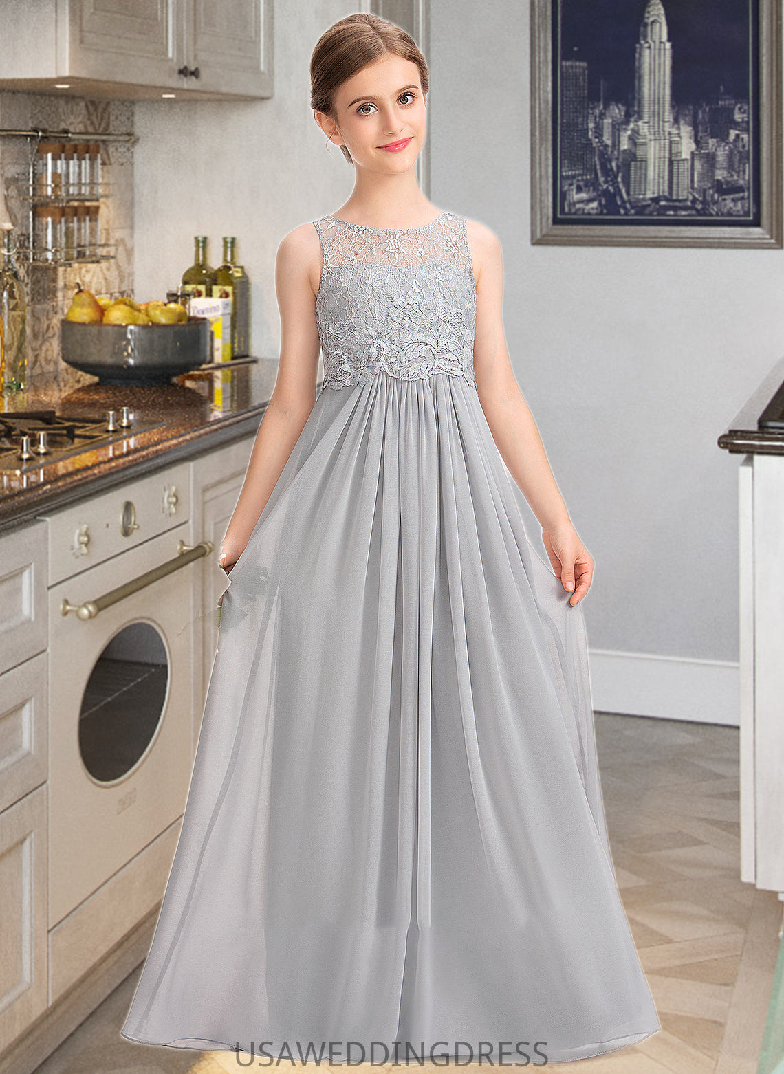 Mckayla A-Line Scoop Neck Floor-Length Chiffon Lace Junior Bridesmaid Dress DSP0013333