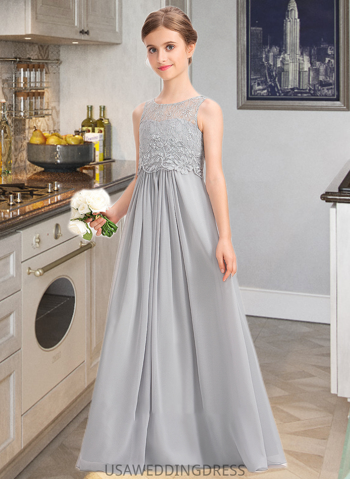 Mckayla A-Line Scoop Neck Floor-Length Chiffon Lace Junior Bridesmaid Dress DSP0013333