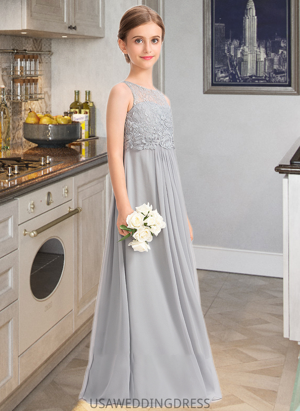 Mckayla A-Line Scoop Neck Floor-Length Chiffon Lace Junior Bridesmaid Dress DSP0013333