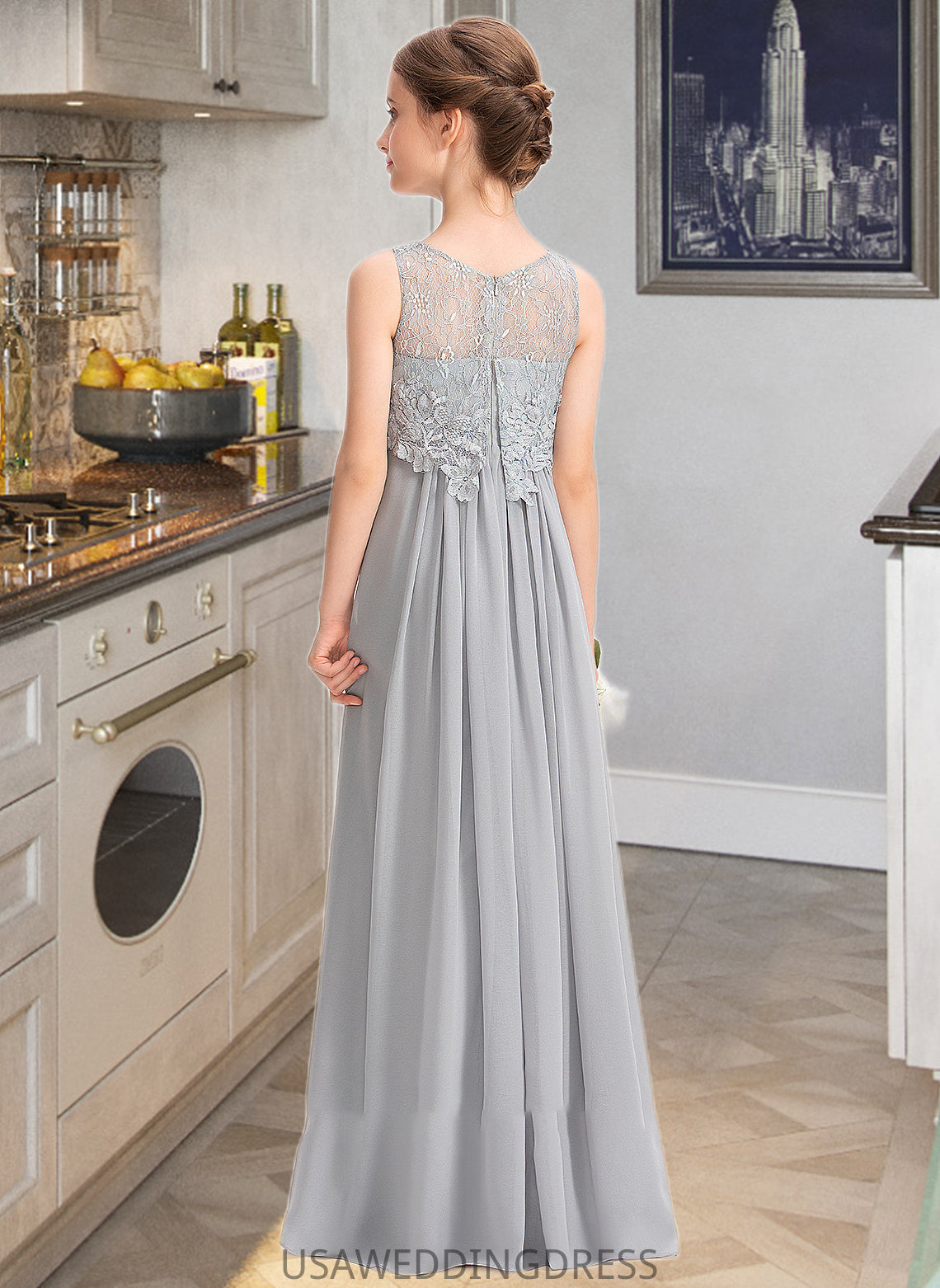 Mckayla A-Line Scoop Neck Floor-Length Chiffon Lace Junior Bridesmaid Dress DSP0013333