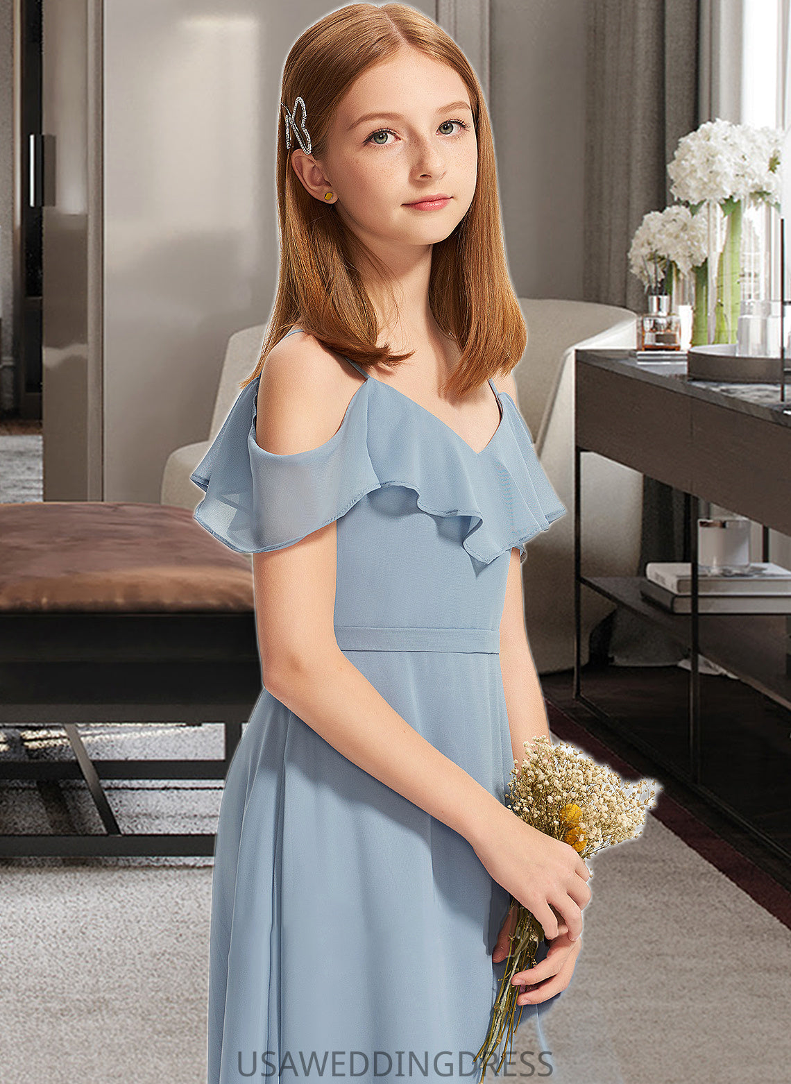 Nylah A-Line Off-the-Shoulder Floor-Length Chiffon Junior Bridesmaid Dress With Ruffles DSP0013334