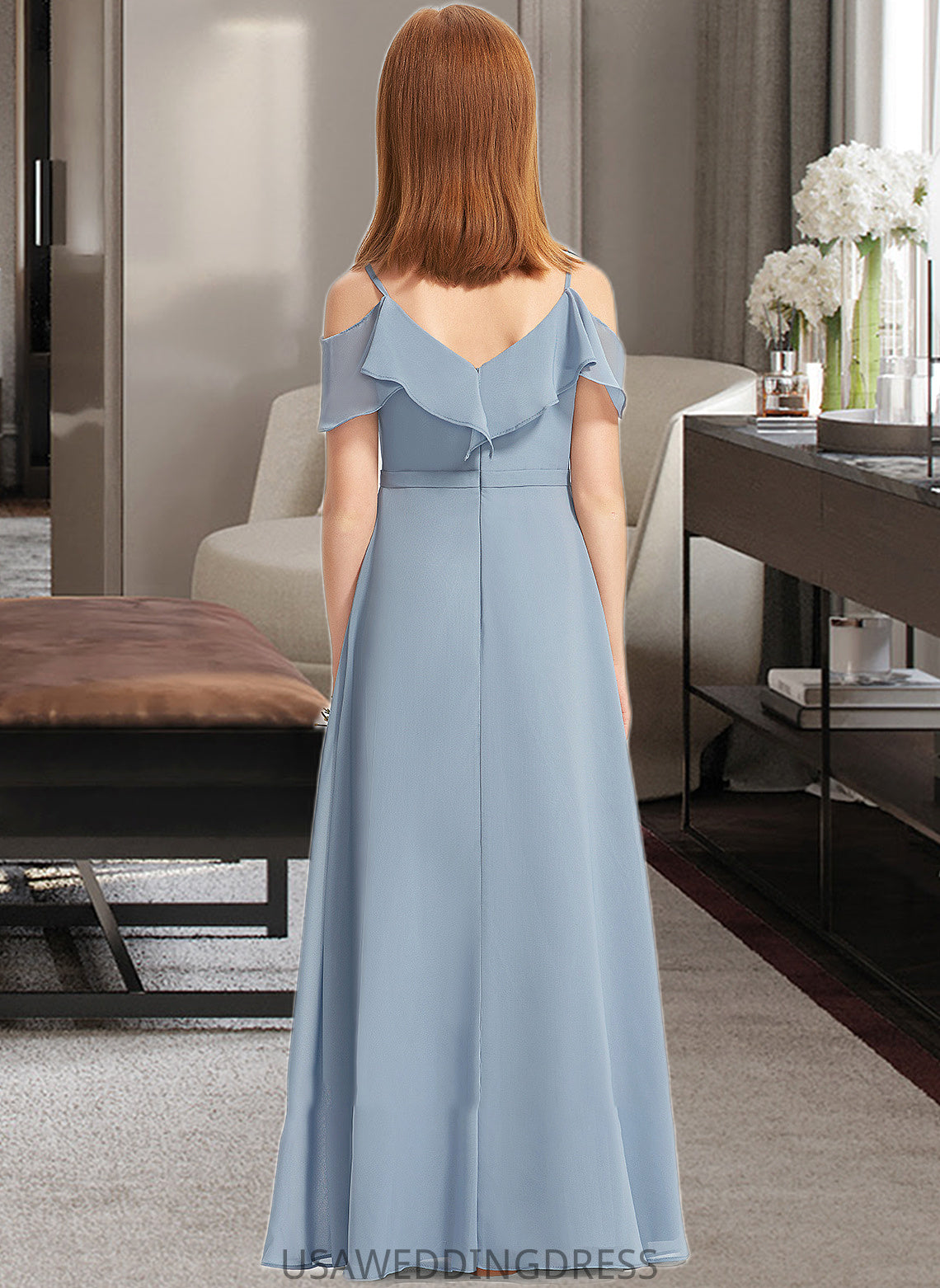 Nylah A-Line Off-the-Shoulder Floor-Length Chiffon Junior Bridesmaid Dress With Ruffles DSP0013334