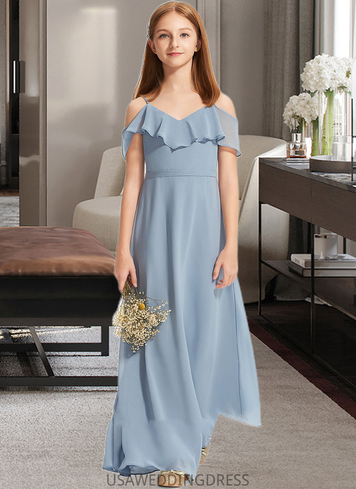 Nylah A-Line Off-the-Shoulder Floor-Length Chiffon Junior Bridesmaid Dress With Ruffles DSP0013334