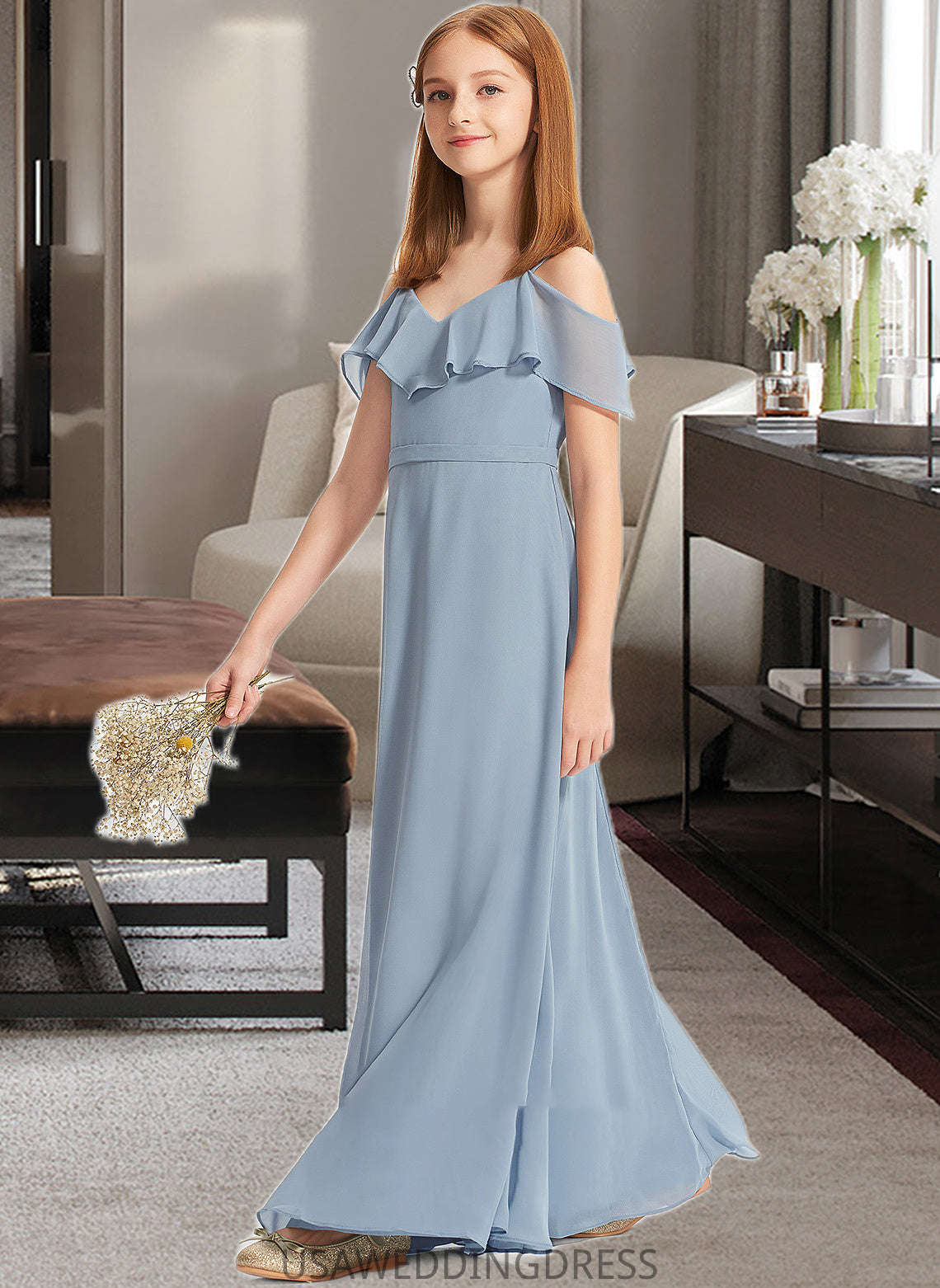 Nylah A-Line Off-the-Shoulder Floor-Length Chiffon Junior Bridesmaid Dress With Ruffles DSP0013334