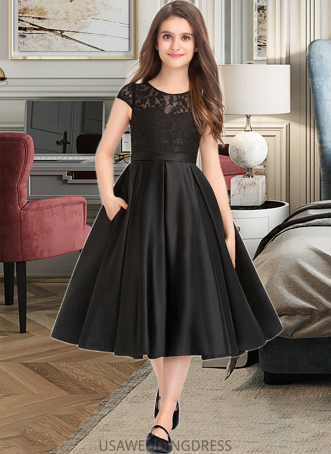 Gretchen A-Line Scoop Neck Knee-Length Satin Lace Junior Bridesmaid Dress With Pockets DSP0013335