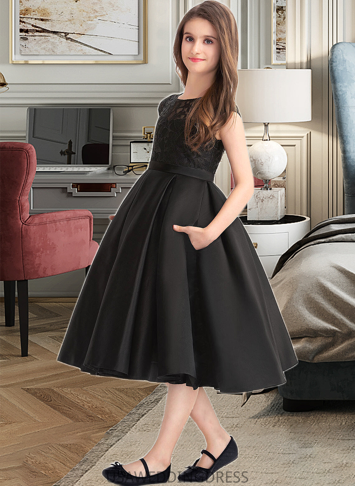 Gretchen A-Line Scoop Neck Knee-Length Satin Lace Junior Bridesmaid Dress With Pockets DSP0013335