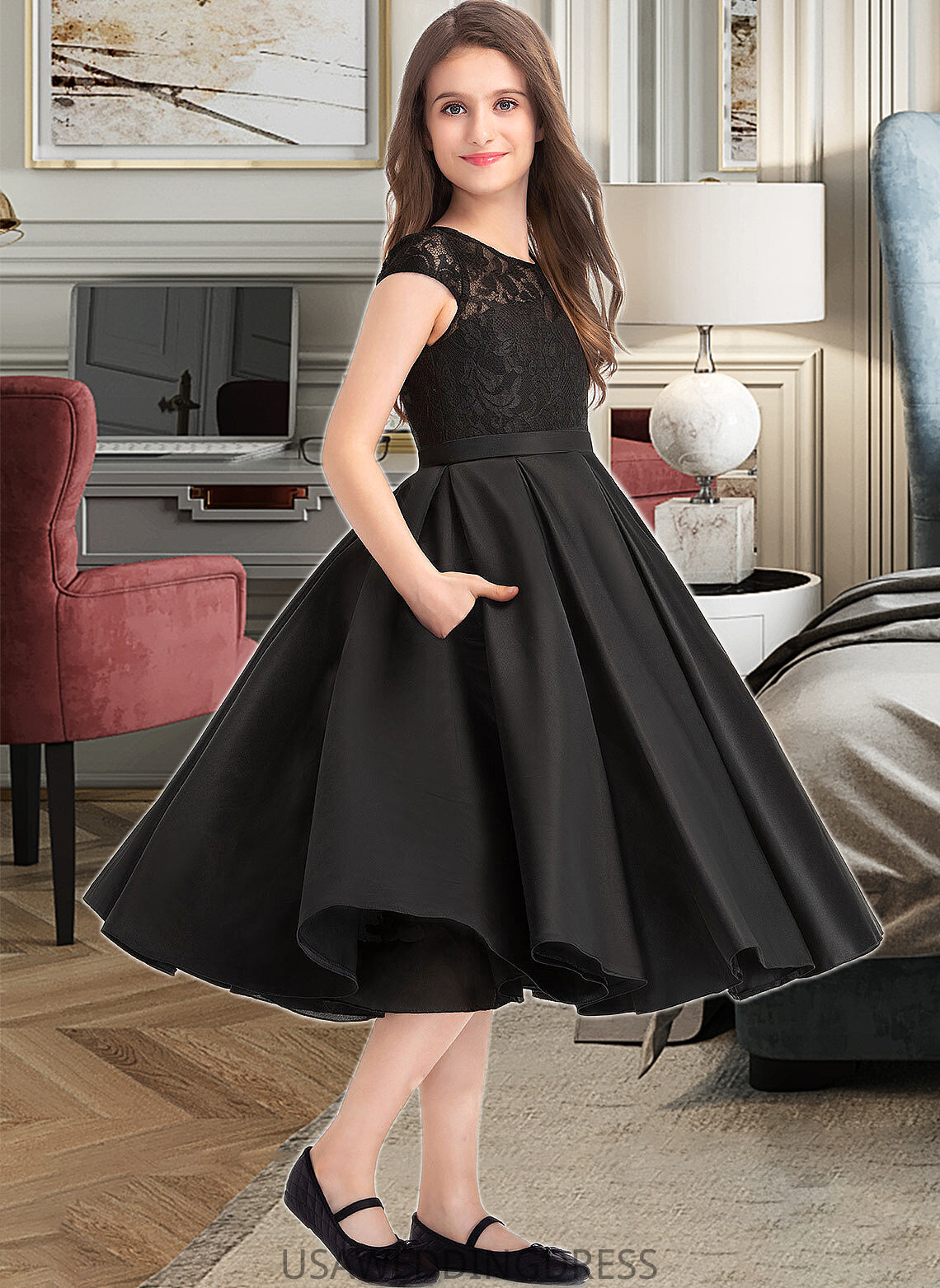 Gretchen A-Line Scoop Neck Knee-Length Satin Lace Junior Bridesmaid Dress With Pockets DSP0013335