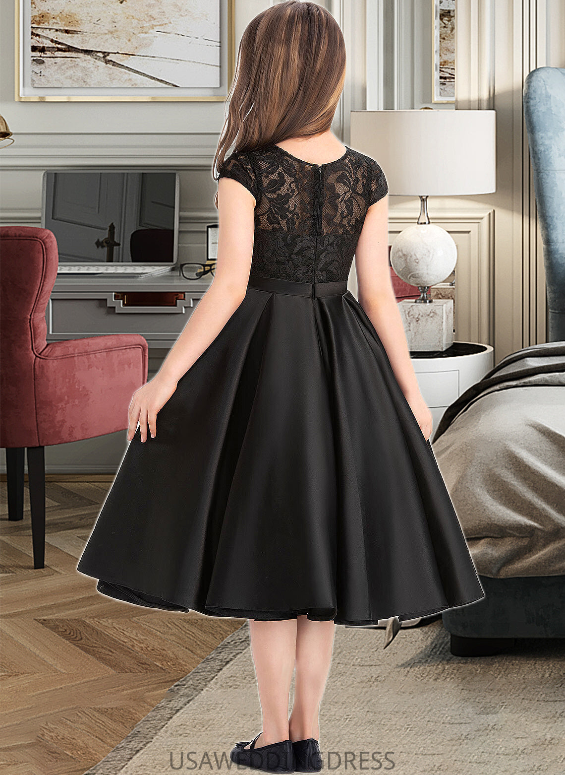 Gretchen A-Line Scoop Neck Knee-Length Satin Lace Junior Bridesmaid Dress With Pockets DSP0013335