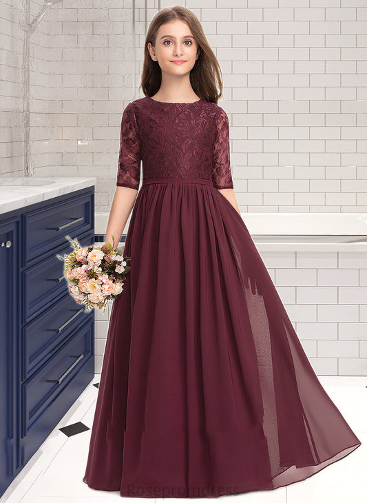 Mira A-Line Scoop Neck Floor-Length Chiffon Lace Junior Bridesmaid Dress SRSP0013336