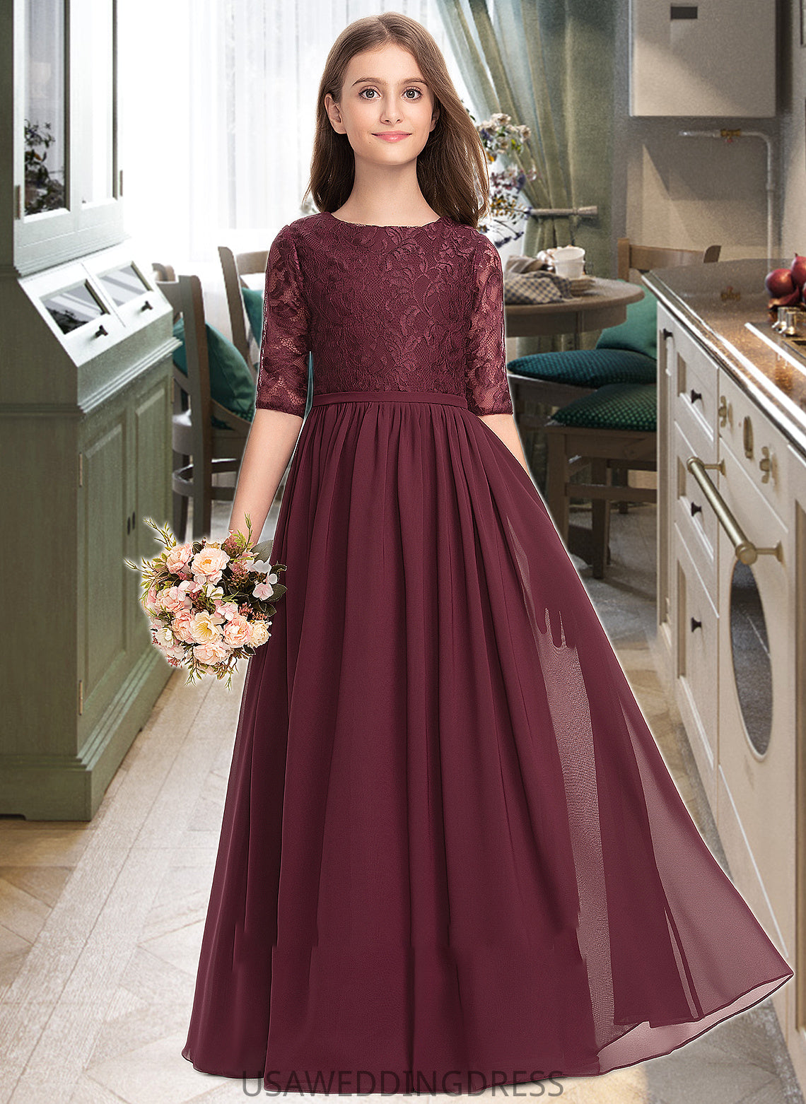 Elizabeth A-Line Scoop Neck Floor-Length Chiffon Lace Junior Bridesmaid Dress DSP0013336