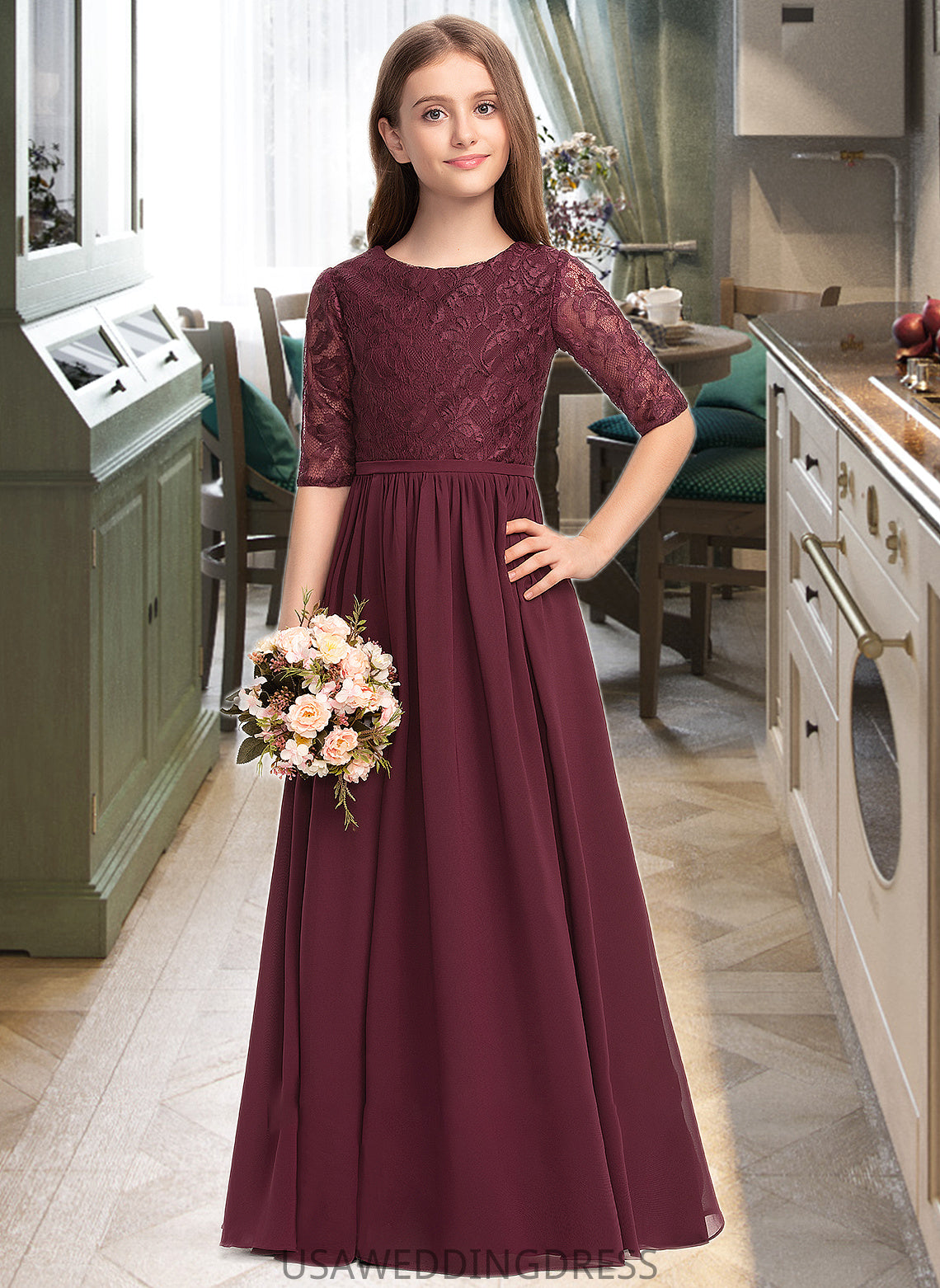 Elizabeth A-Line Scoop Neck Floor-Length Chiffon Lace Junior Bridesmaid Dress DSP0013336