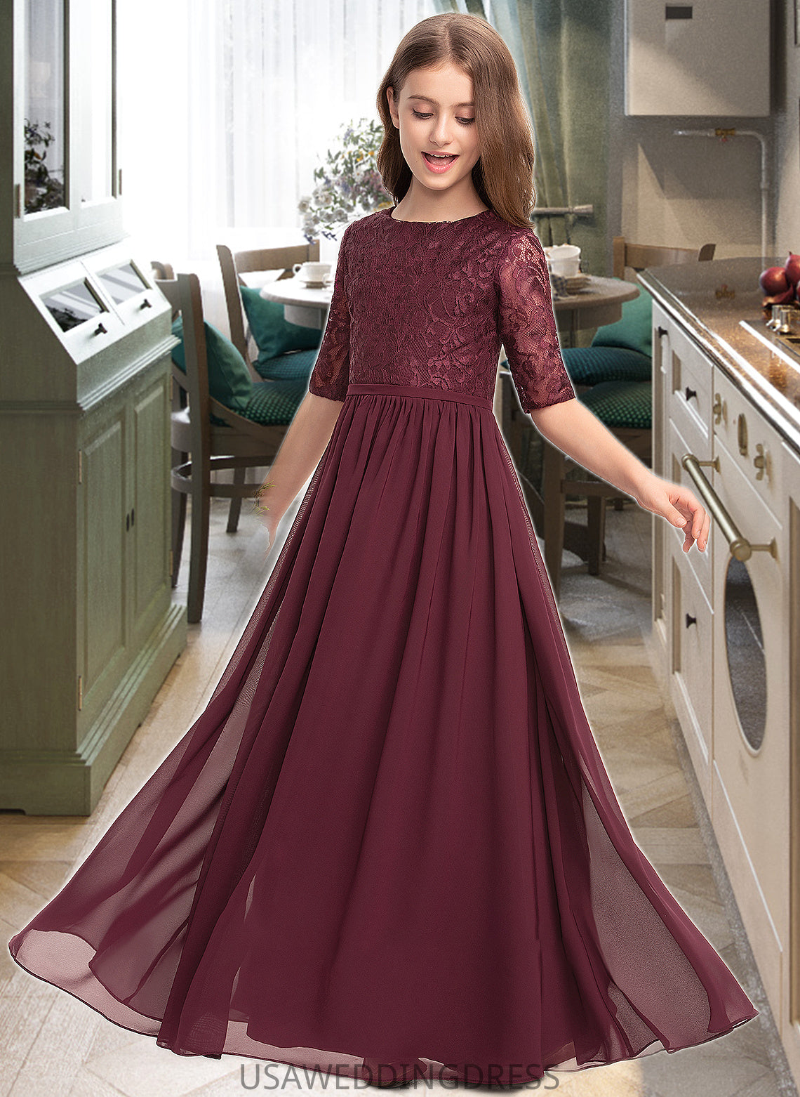 Elizabeth A-Line Scoop Neck Floor-Length Chiffon Lace Junior Bridesmaid Dress DSP0013336