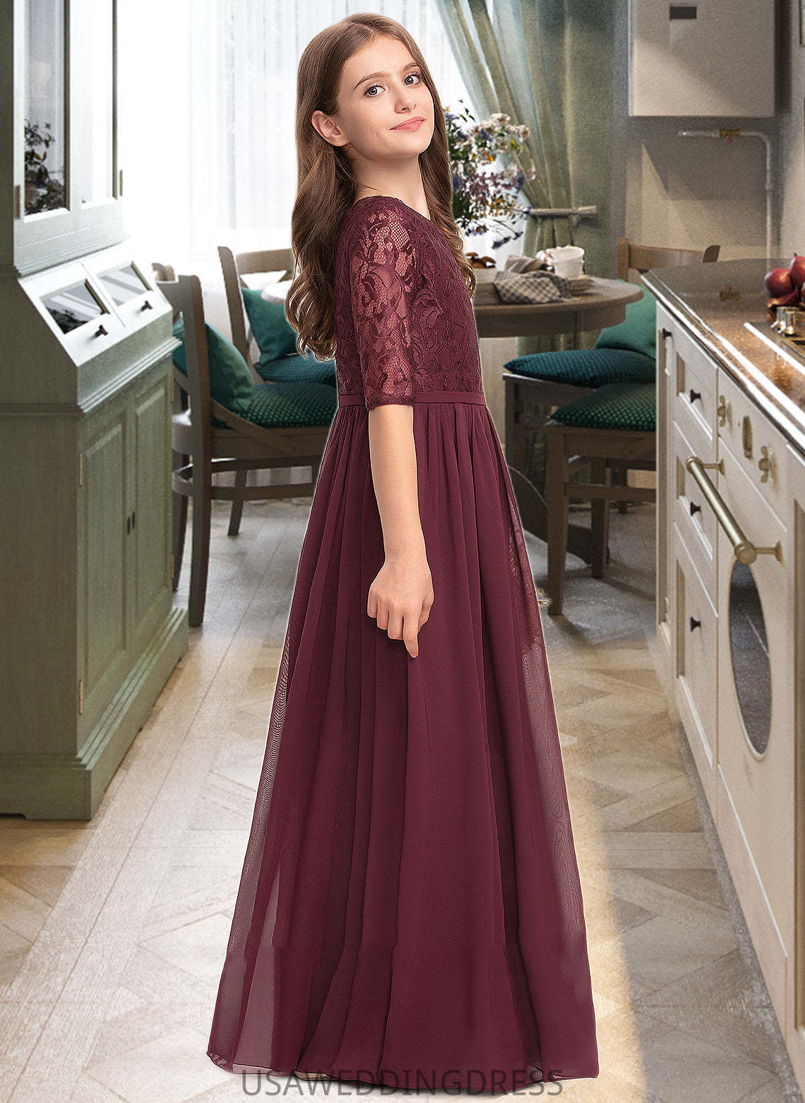 Elizabeth A-Line Scoop Neck Floor-Length Chiffon Lace Junior Bridesmaid Dress DSP0013336