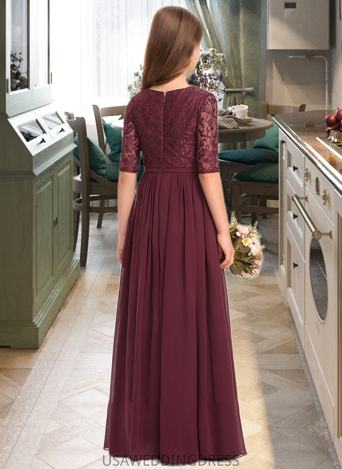 Elizabeth A-Line Scoop Neck Floor-Length Chiffon Lace Junior Bridesmaid Dress DSP0013336