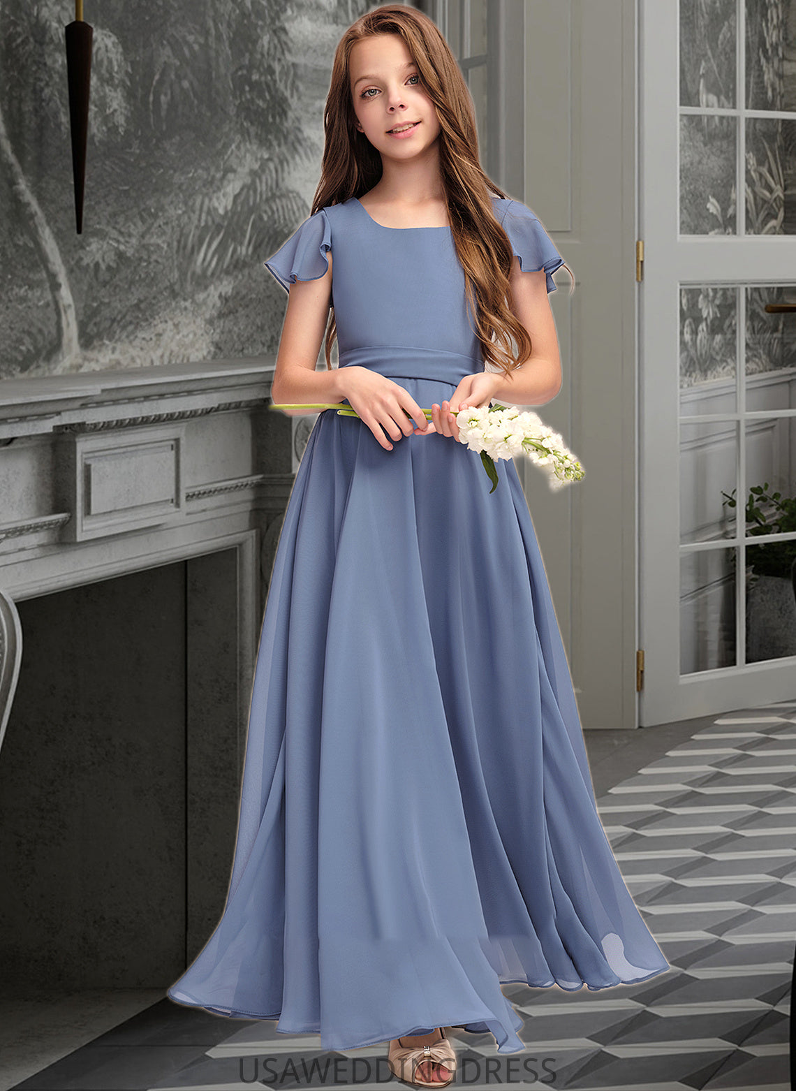 India A-Line Scoop Neck Floor-Length Chiffon Junior Bridesmaid Dress With Bow(s) DSP0013337