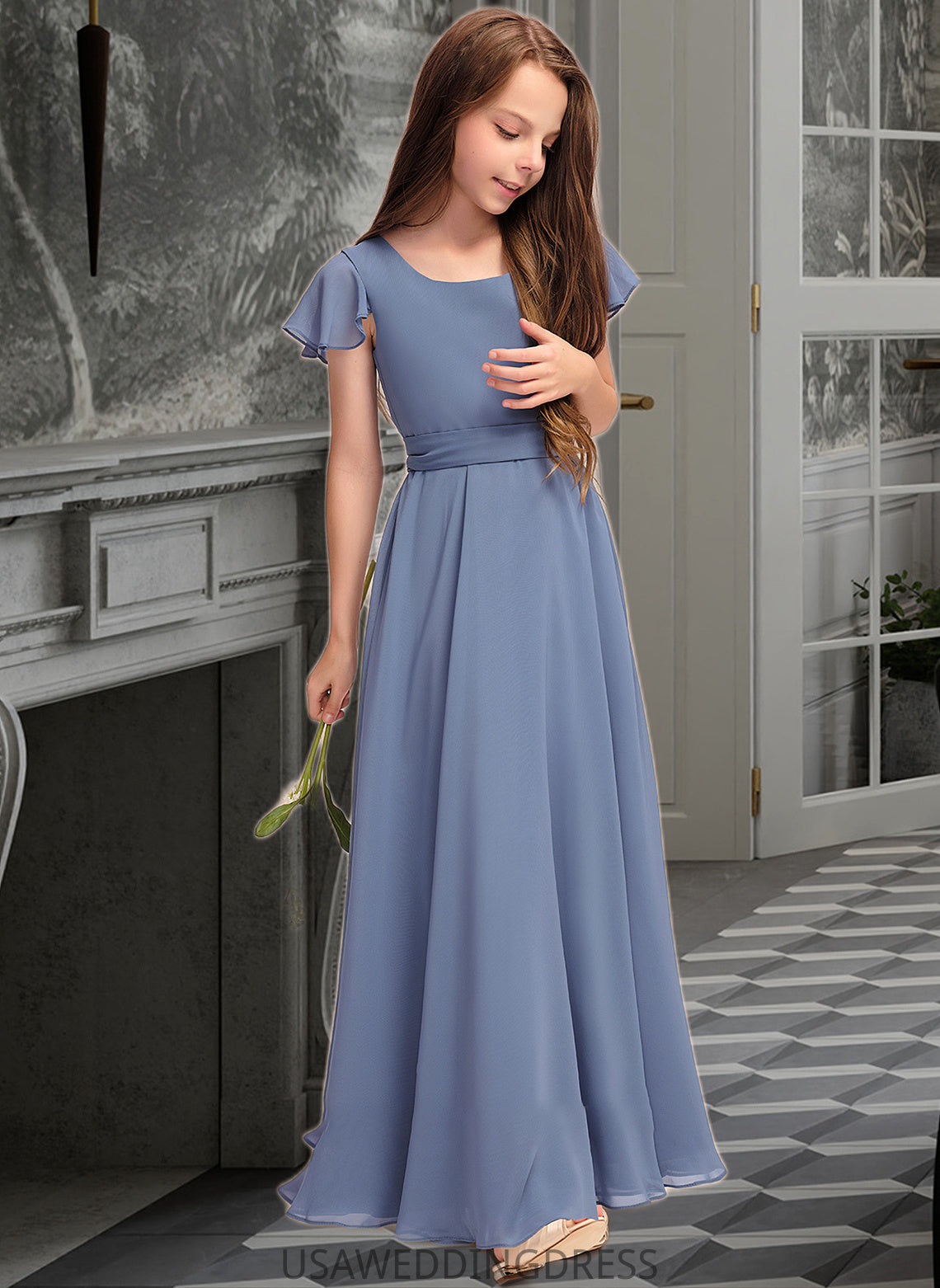 India A-Line Scoop Neck Floor-Length Chiffon Junior Bridesmaid Dress With Bow(s) DSP0013337