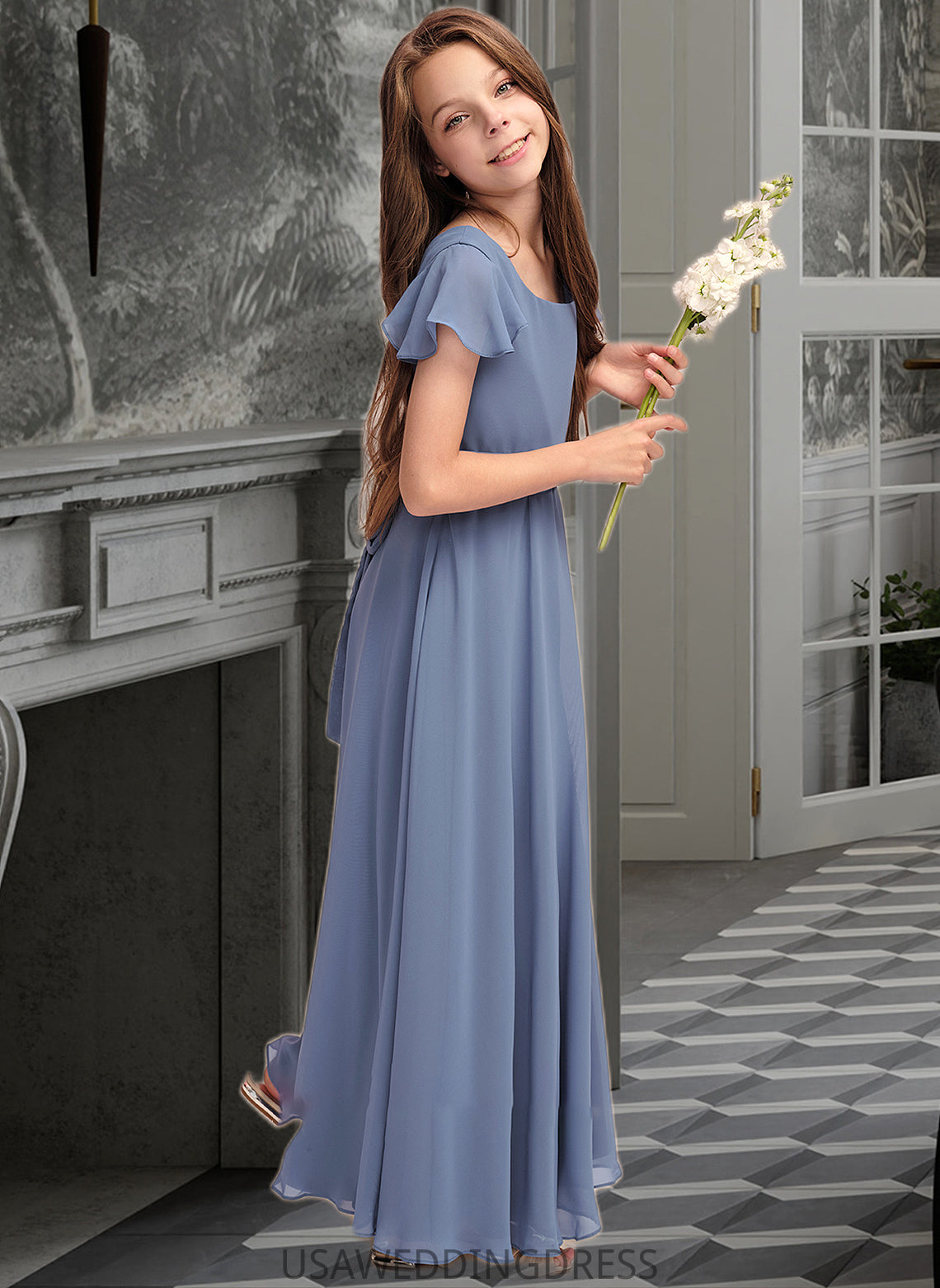 India A-Line Scoop Neck Floor-Length Chiffon Junior Bridesmaid Dress With Bow(s) DSP0013337