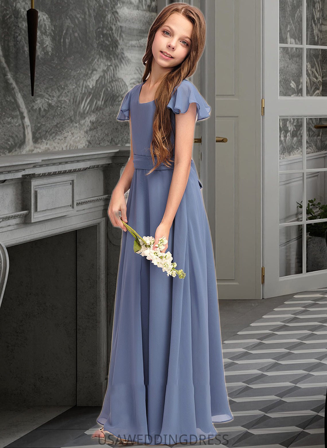 India A-Line Scoop Neck Floor-Length Chiffon Junior Bridesmaid Dress With Bow(s) DSP0013337