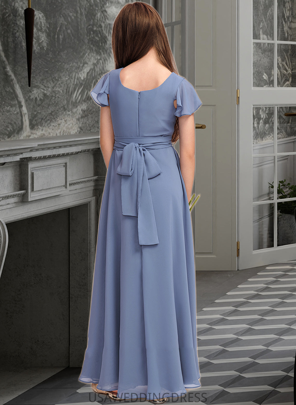 India A-Line Scoop Neck Floor-Length Chiffon Junior Bridesmaid Dress With Bow(s) DSP0013337